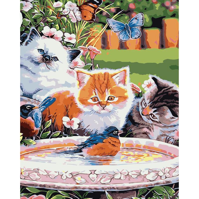 Kittens Playing With Birds - DIY Painting By Numbers Kit
