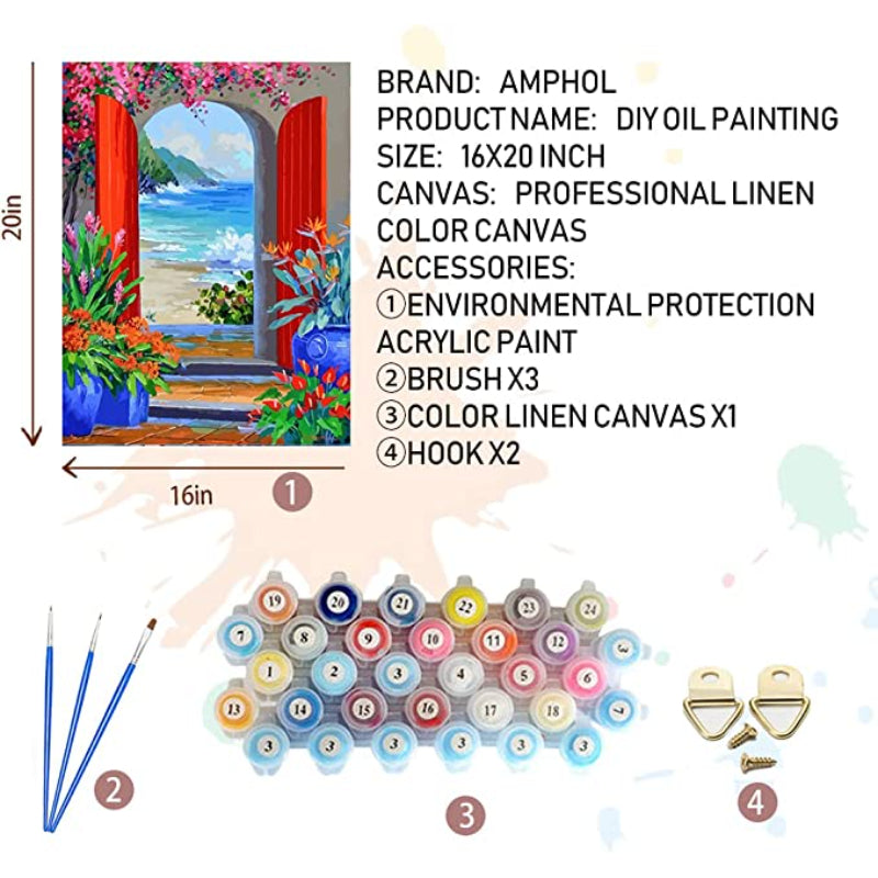 DIY Paint by Number for Adults and Kids, Acrylic Paint by Numbers for Beginner, Easy Oil Painting for Gift Home Wall Decor (Door to The Beach)