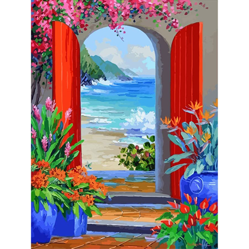 DIY Paint by Number for Adults and Kids, Acrylic Paint by Numbers for Beginner, Easy Oil Painting for Gift Home Wall Decor (Door to The Beach)