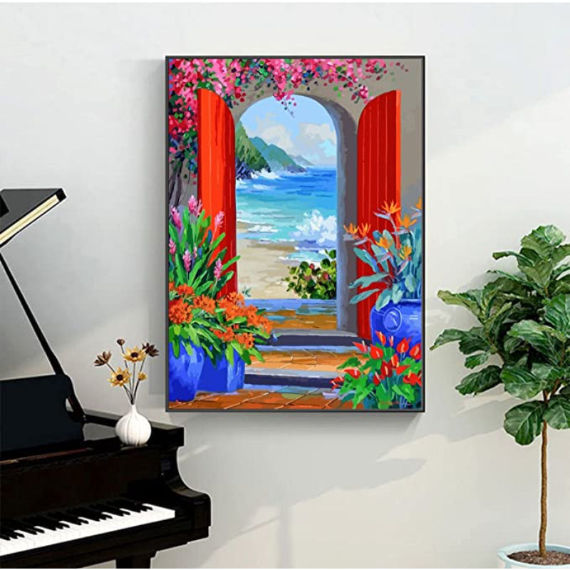 DIY Paint by Number for Adults and Kids, Acrylic Paint by Numbers for Beginner, Easy Oil Painting for Gift Home Wall Decor (Door to The Beach)