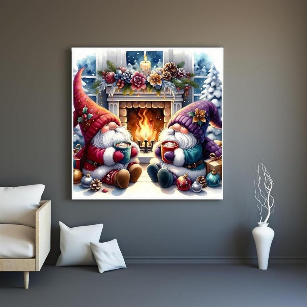 Christmas Gnomes Enjoying Fireplace Paint By Number Kit