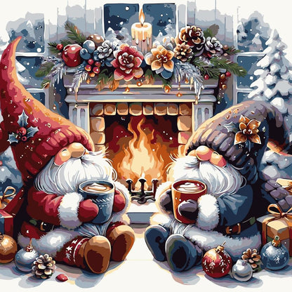 Christmas Gnomes Enjoying Fireplace Paint By Number Kit