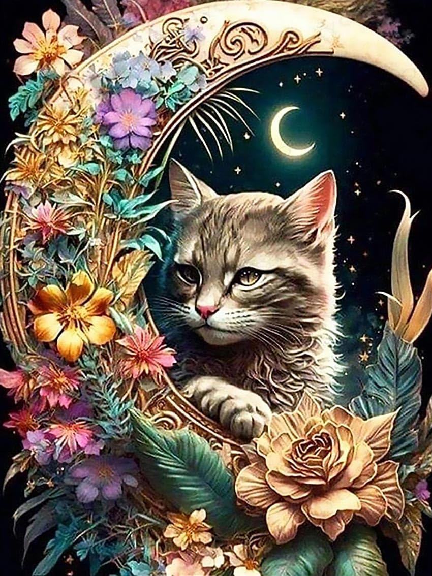 Moonlit Floral Feline Canvas Paint By Numbers