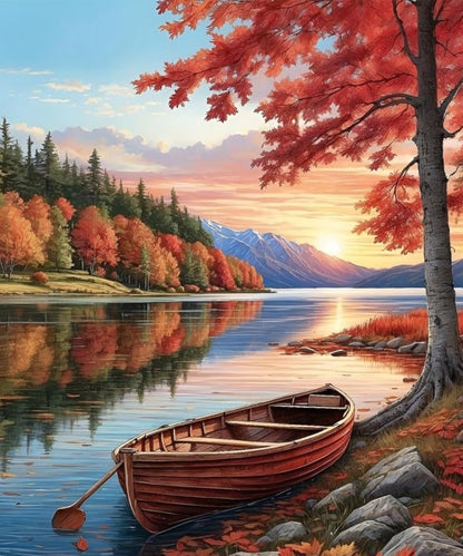 Scenic Landscape With Boat Fall Paint By Numbers Kit