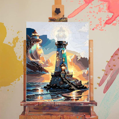 Sunset Harbor Lighthouse Paint by Number Kit