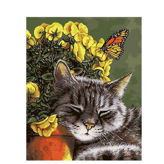 Lazy Cat On Flowers - DIY Painting By Numbers Kit