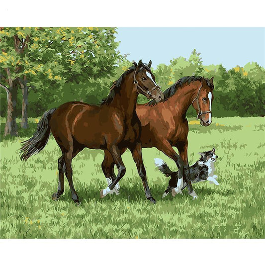 Horses And A Puppy - DIY Painting By Numbers Kit