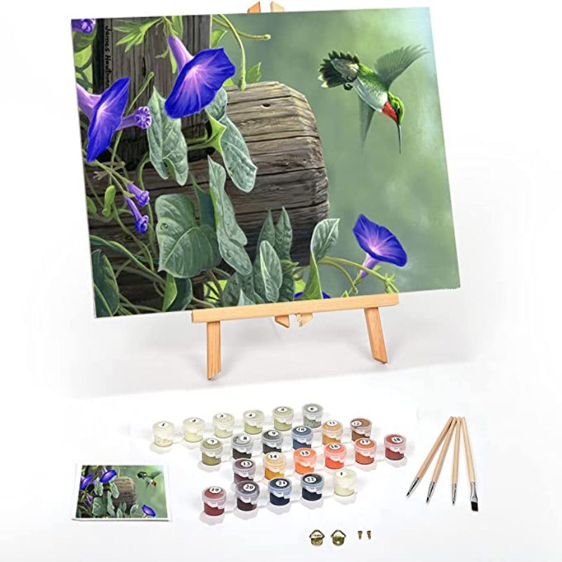 Beginner to Advanced Number Painting Kit - Fun DIY Adult Arts and Crafts Projects - Art Kits Include Acrylic Paint and Wood Easel (Hummingbird)