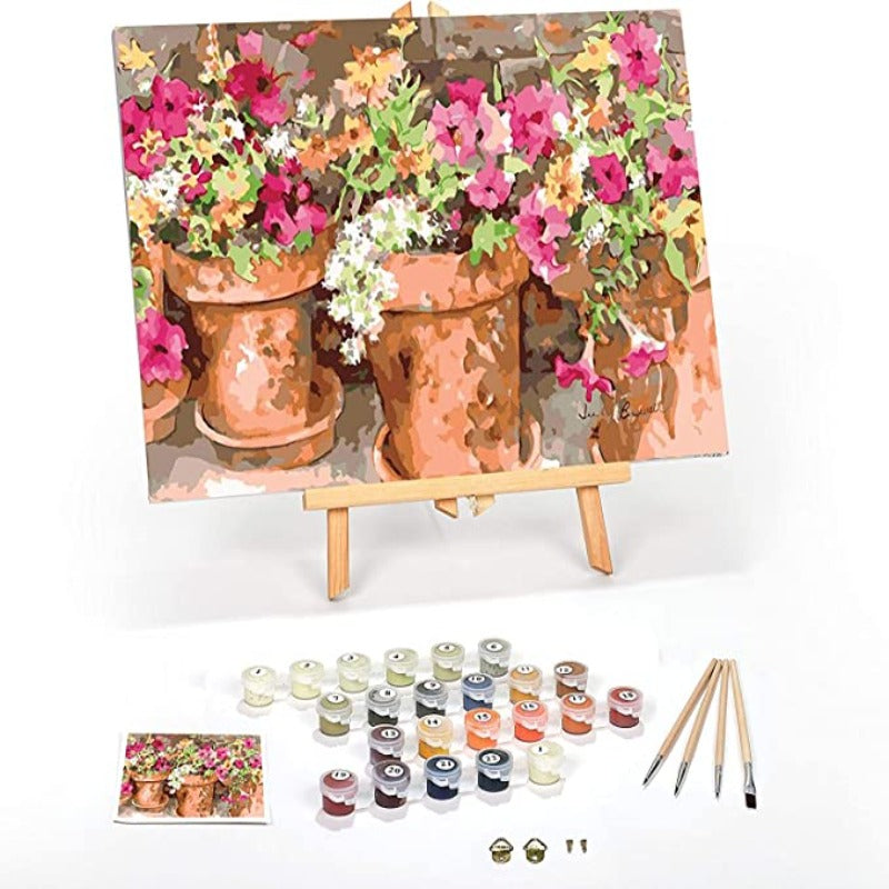 Beginner to Advanced Number Painting Kit - Fun DIY Adult Arts and Crafts - Kits Include Acrylic Paint, Brushes and Wood Easel- (Sweet Petunias)