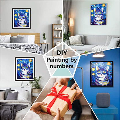 DIY Oil Painting Paint By Numbers Kit Canvas Painting For Adults & Kids Beginner (Starry Sky & Cat)