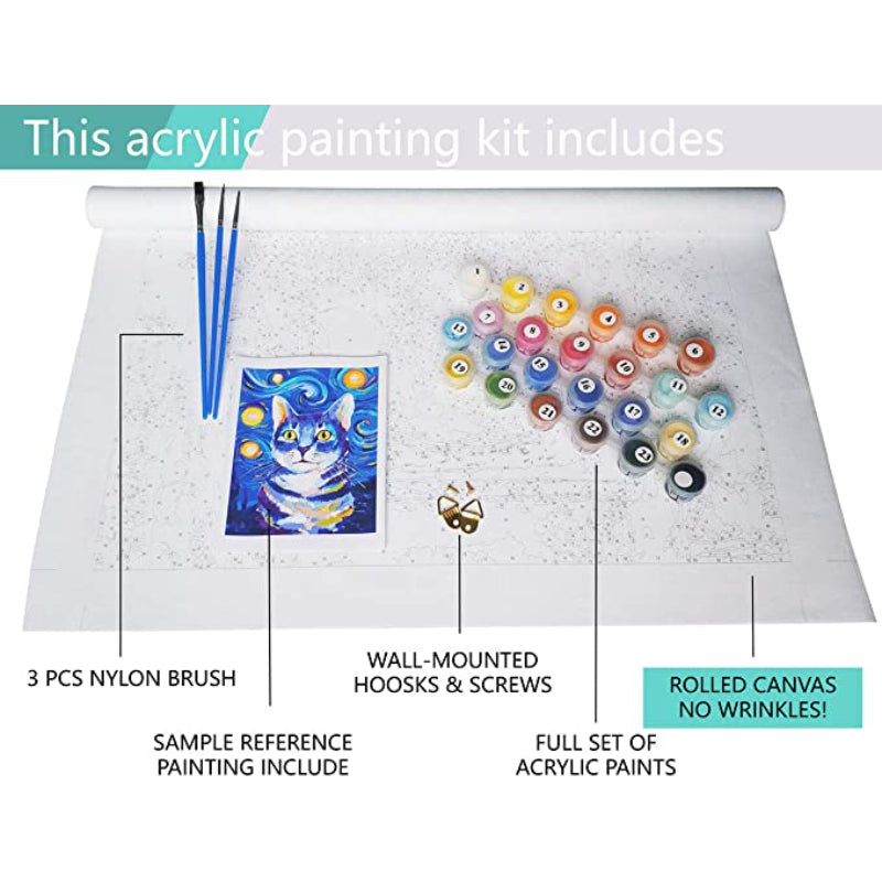 DIY Oil Painting Paint By Numbers Kit Canvas Painting For Adults & Kids Beginner (Starry Sky & Cat)