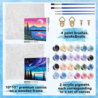 Framed Paint By Numbers For Adults Kids 2 Pack, DIY Oil Painting Set For Beginner, 10x10 Inch, Gifts For Men Women Children