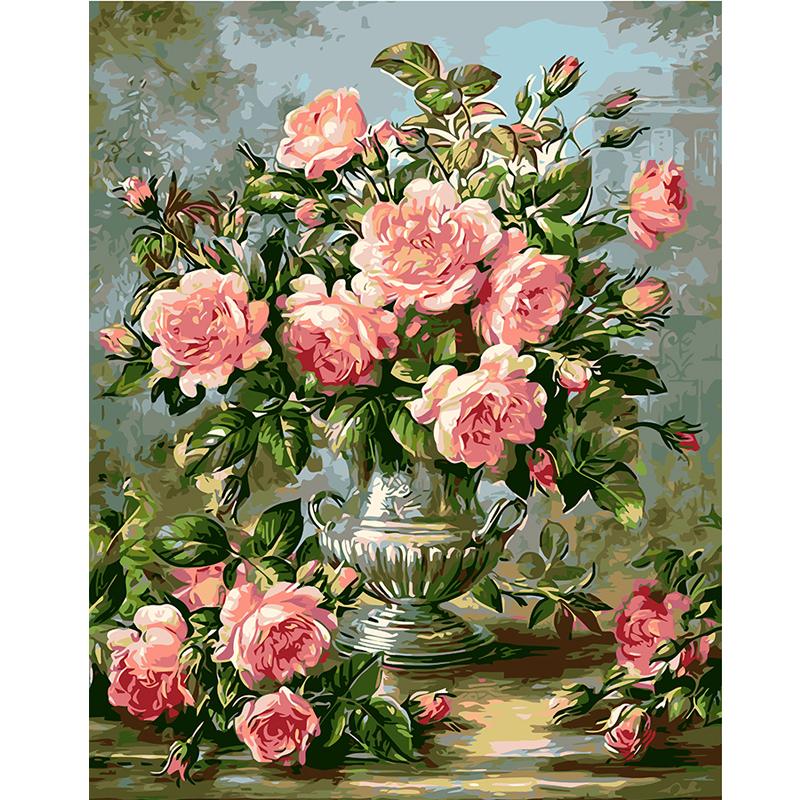 Pink Roses In Silver Pot - DIY Painting By Numbers Kit