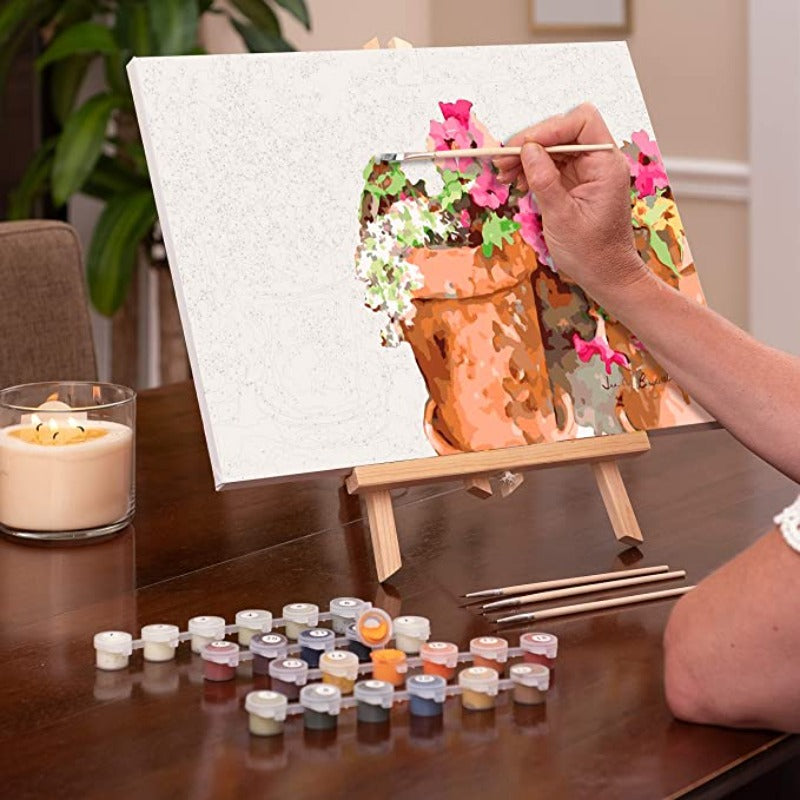 Beginner to Advanced Number Painting Kit - Fun DIY Adult Arts and Crafts - Kits Include Acrylic Paint, Brushes and Wood Easel- (Sweet Petunias)