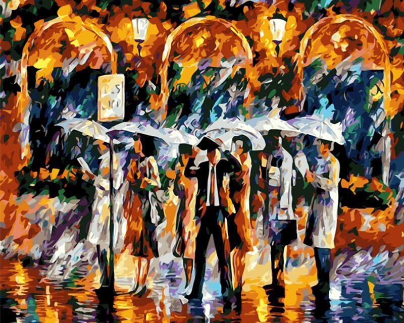 People At Station In Rain - DIY Painting By Numbers Kit